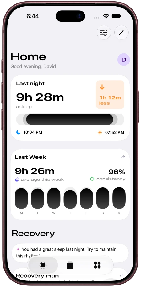 Illustrative Nyx Home preview with sleep comparisons and recovery guidance