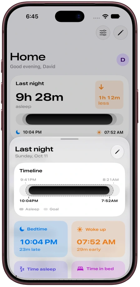 Nyx last night detail with timeline, bedtime, wake time, and time asleep