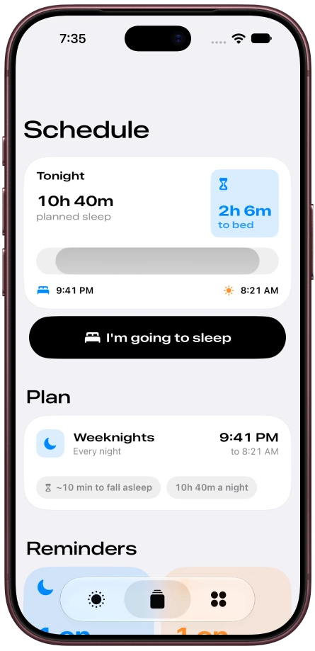 Nyx Schedule tab with tonight's plan and a countdown to bedtime